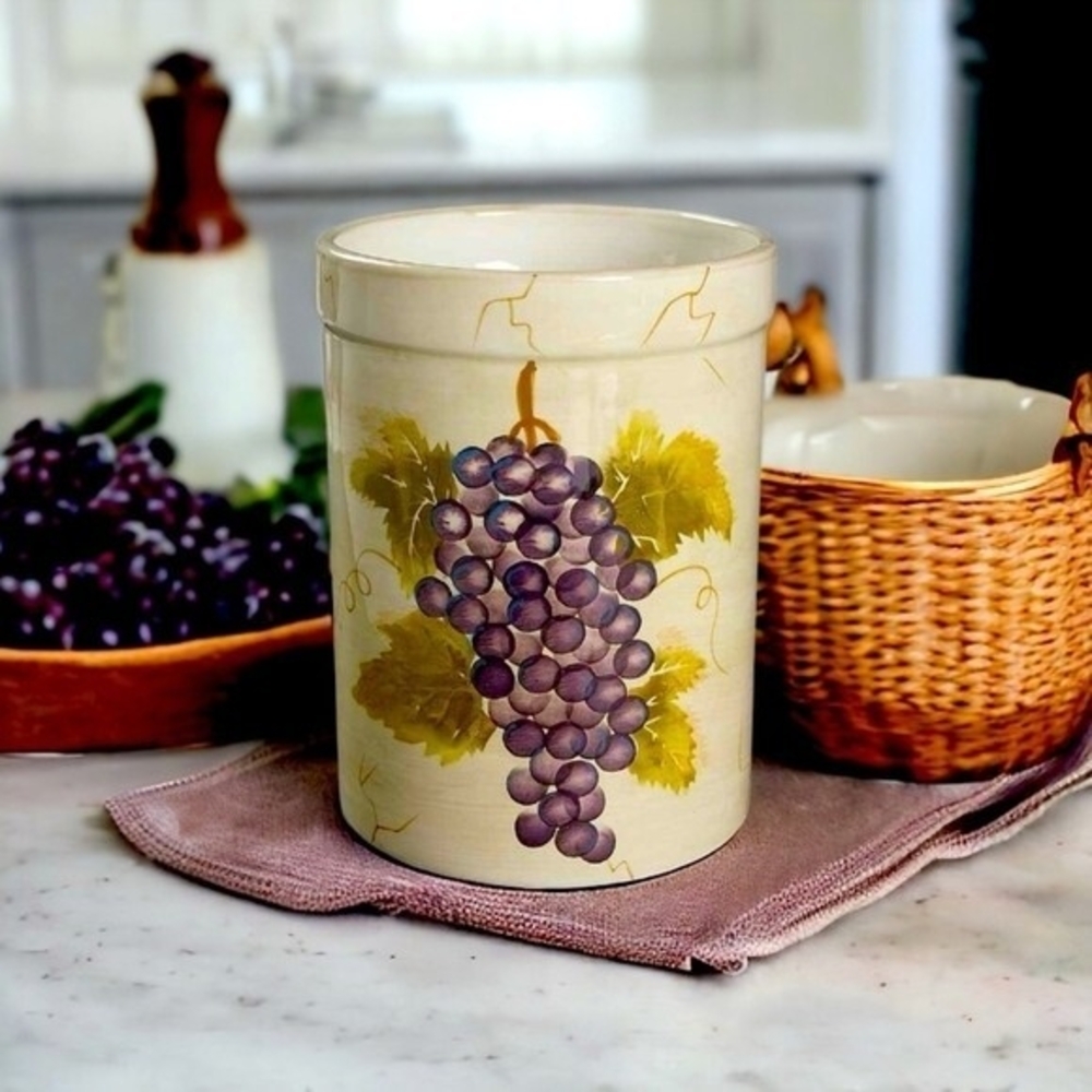 Tabletops Unlimited Cabernet Hand Painted Ceramic Utensil Holder Vase 8" Signed